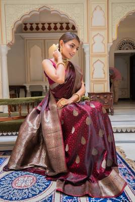 Wine silk blend zari woven woven saree 3