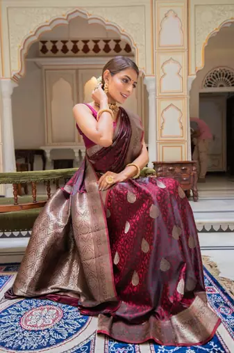 Wine silk blend zari woven woven saree