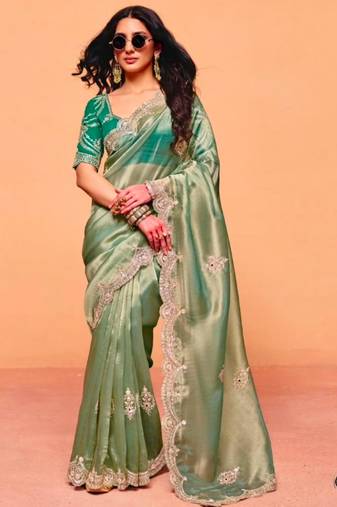 Light green chiffon sequins work embroidered saree