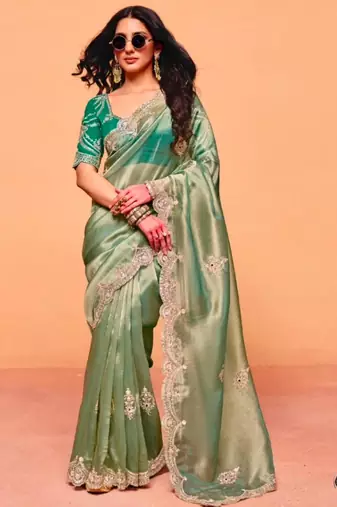 Light green chiffon sequins work embroidered saree