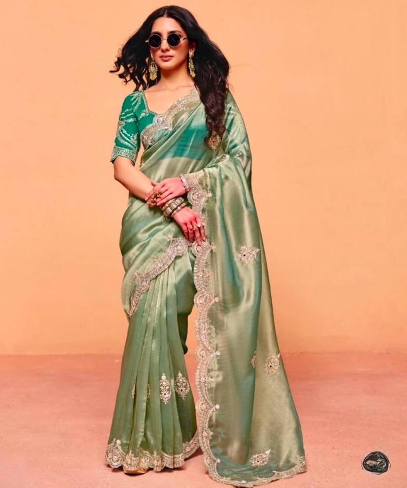 Light green chiffon sequins work embroidered saree