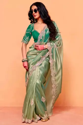 Light green chiffon sequins work embroidered saree