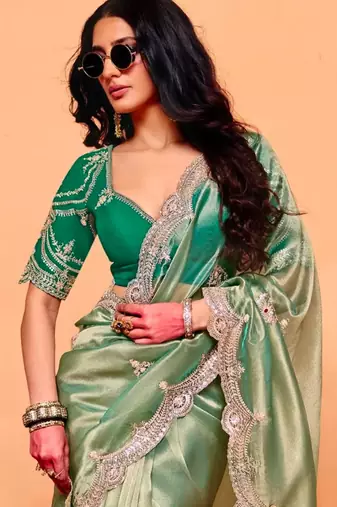 Light green chiffon sequins work embroidered saree