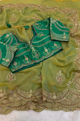 Light green chiffon sequins work embroidered saree