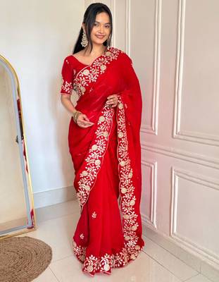 Red silk blend dori embroidery embroidered saree 1