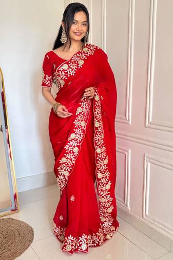Red silk blend dori embroidery embroidered saree