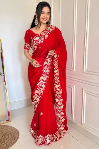 Red silk blend dori embroidery embroidered saree