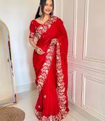 Red silk blend dori embroidery embroidered saree