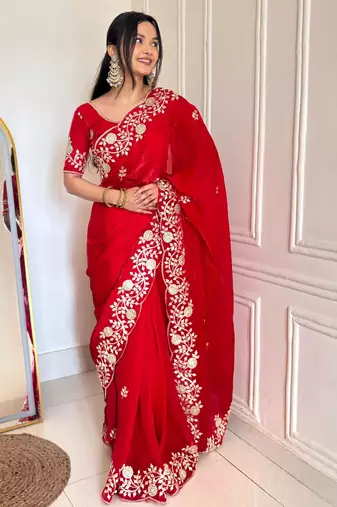 Red silk blend dori embroidery embroidered saree