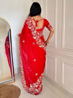 Red silk blend dori embroidery embroidered saree 3