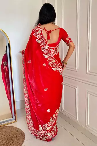 Red silk blend dori embroidery embroidered saree