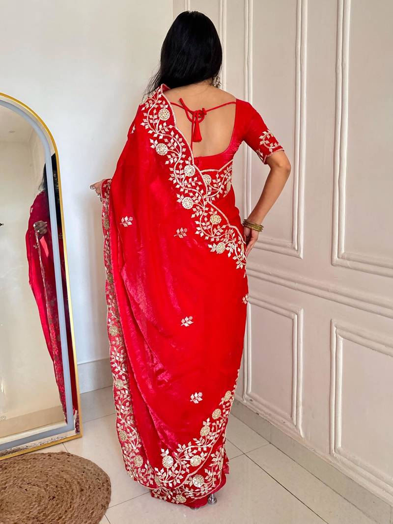 Red silk blend dori embroidery embroidered saree