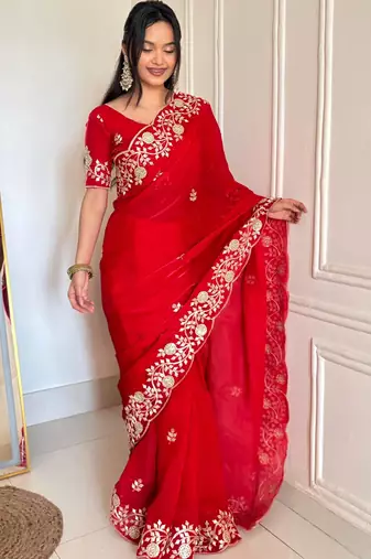 Red silk blend dori embroidery embroidered saree