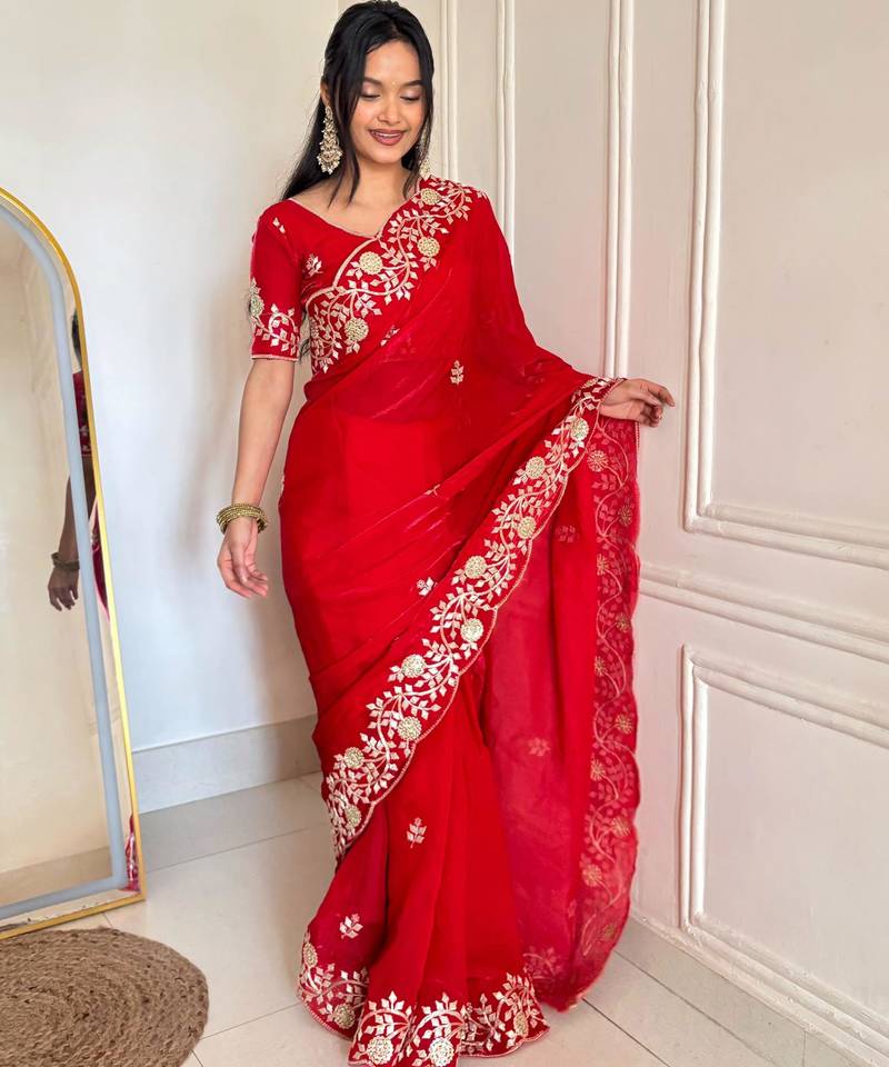 Red silk blend dori embroidery embroidered saree