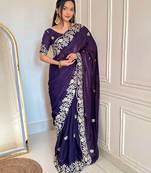 Dark purple silk blend dori embroidery embroidered saree