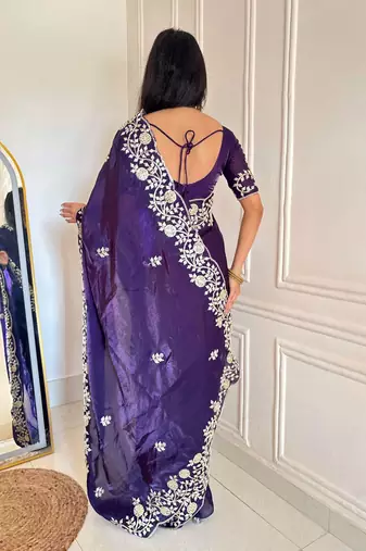 Dark purple silk blend dori embroidery embroidered saree