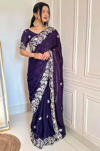 Dark purple silk blend dori embroidery embroidered saree