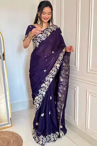 Dark purple silk blend dori embroidery embroidered saree