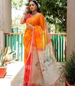 Orange linen block print printed saree