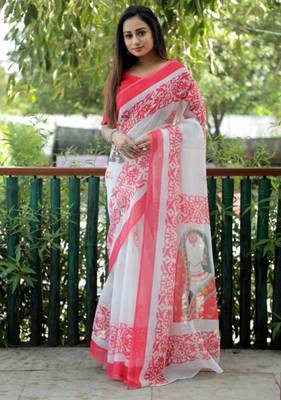 White linen block print printed saree 1
