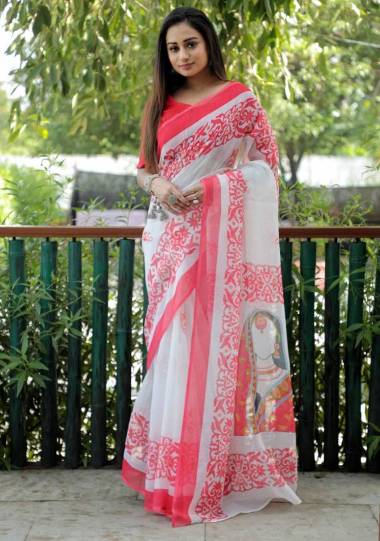 White linen block print printed saree