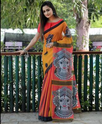 Yellow linen stripes print printed saree 1