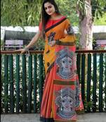 Yellow linen stripes print printed saree