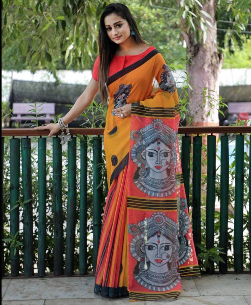 Yellow linen stripes print printed saree