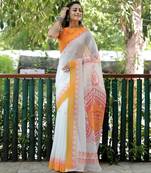 White linen block print printed saree