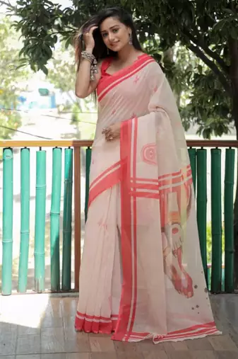 Cream linen hand print printed saree
