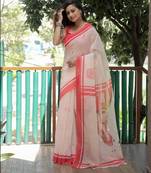 Cream linen hand print printed saree