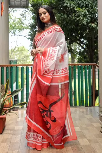 white linen abstract printed saree