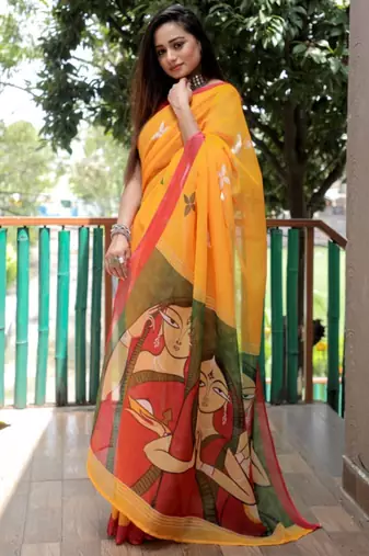 yellow linen abstract printed saree