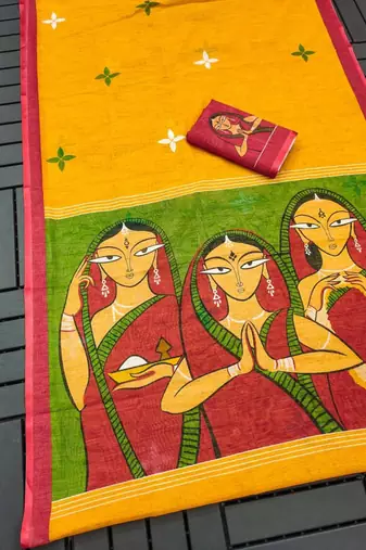 yellow linen abstract printed saree