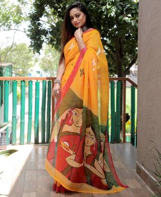 yellow linen abstract printed saree 3
