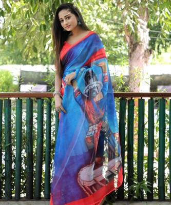 blue linen abstract printed saree 1