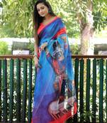 blue linen abstract printed saree