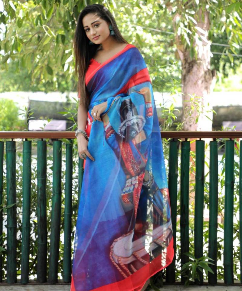 blue linen abstract printed saree