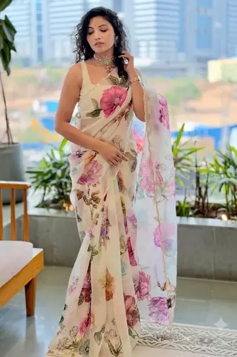 Cream silk blend floral print printed saree