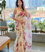 Cream silk blend floral print printed saree