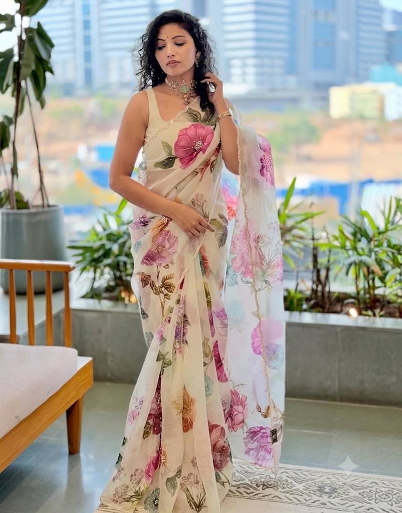 Cream silk blend floral print printed saree