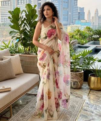 Cream silk blend floral print printed saree 2