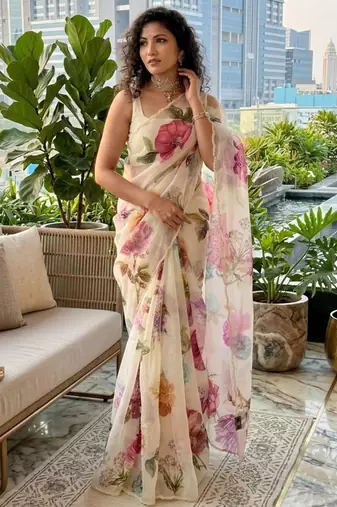 Cream silk blend floral print printed saree