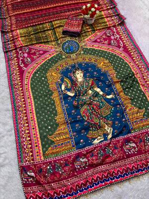 Multicolor silk blend mirror work printed saree 1