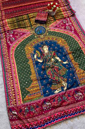 Multicolor silk blend mirror work printed saree