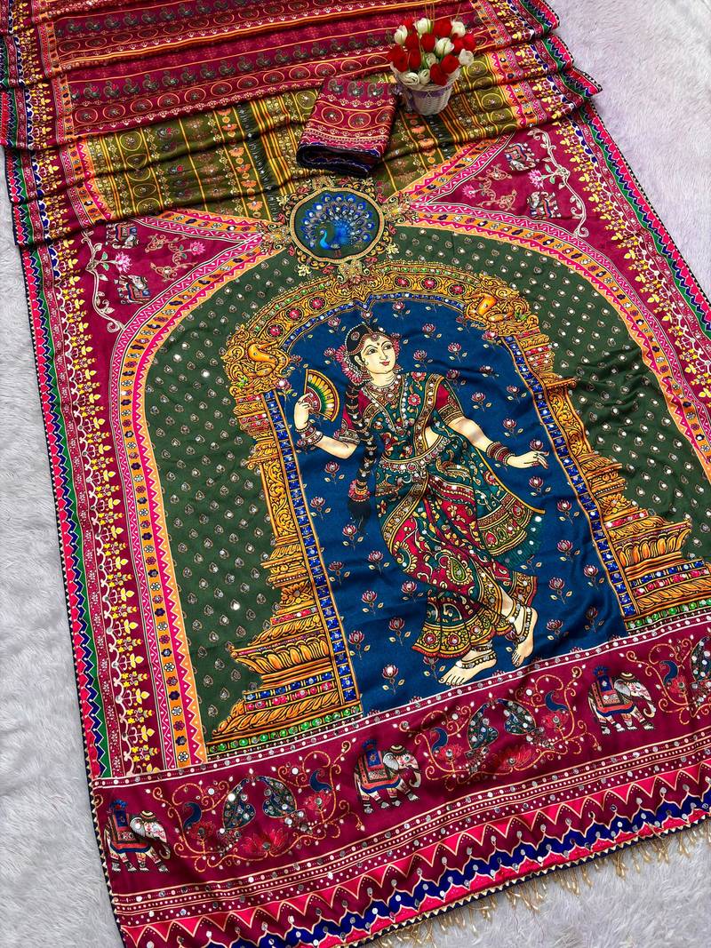 Multicolor silk blend mirror work printed saree
