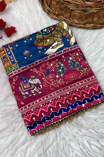 Multicolor silk blend mirror work printed saree