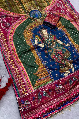 Multicolor silk blend mirror work printed saree