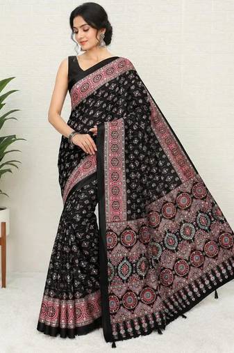 Black crepe mirror work printed saree