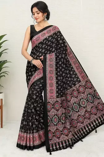Black crepe mirror work printed saree